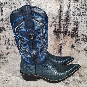 Los Altos Women's Western Teju Lizard Leather Boots Blueish Green Size 6.5